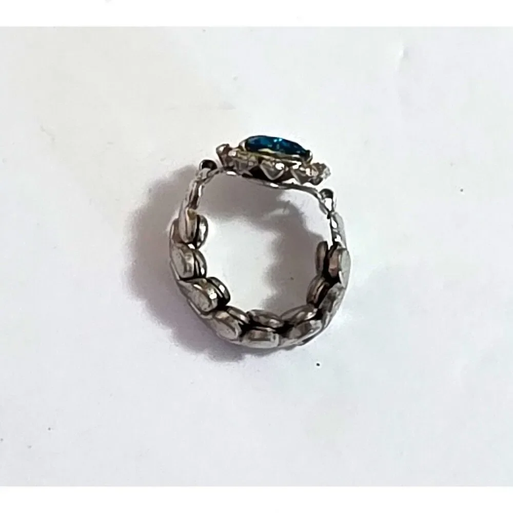 Vintage 50s Expansion band child's ring sweetheart silver-tone aqua stone